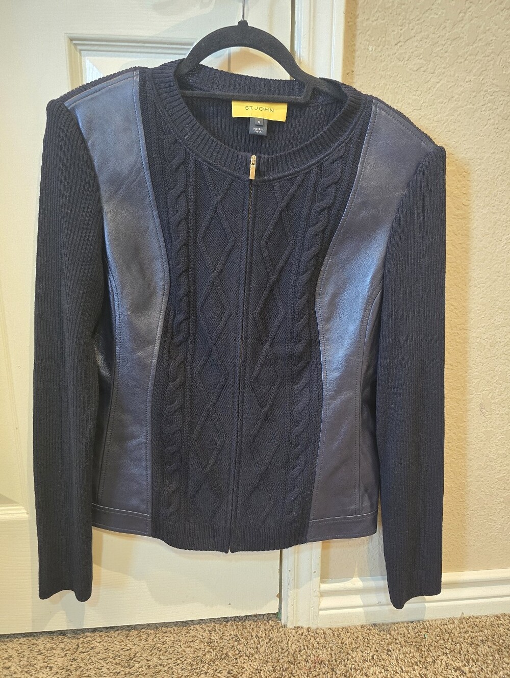 St. John Navy Sweater Jacke Wool, Leather, Silk Size M